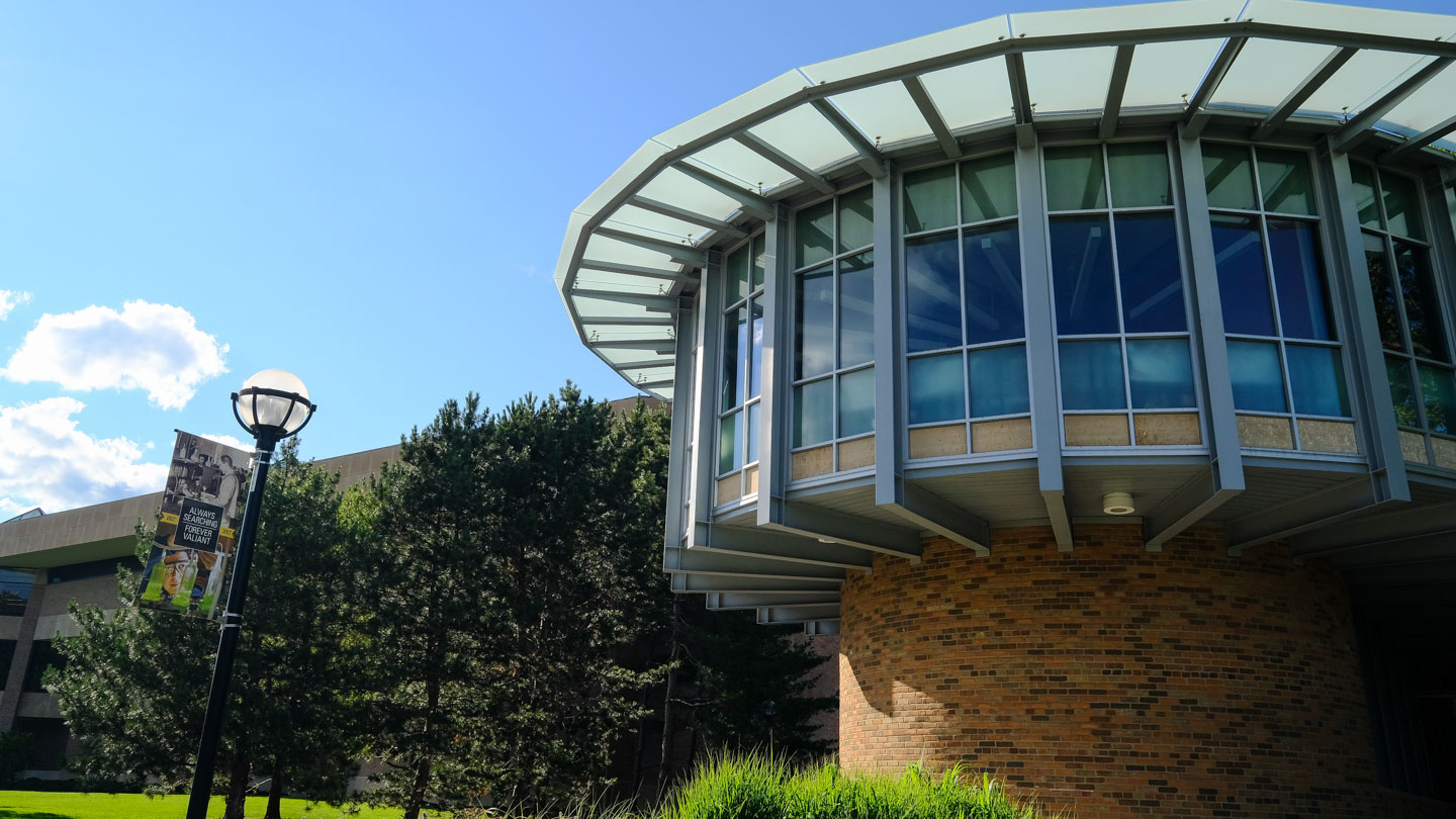 mid century modern building facade on a sunny day