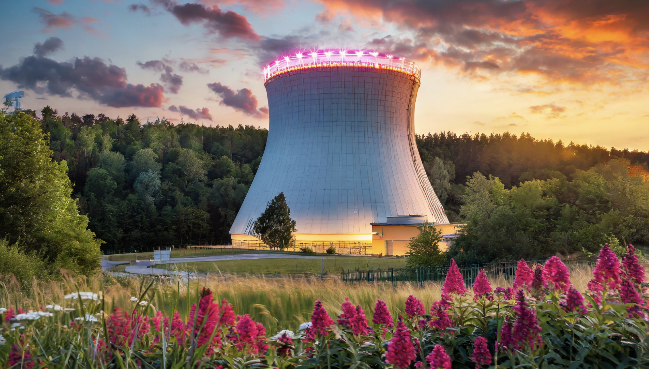 AI rendering of a modern nuclear power plant. Pink lights line the rim of the tower.