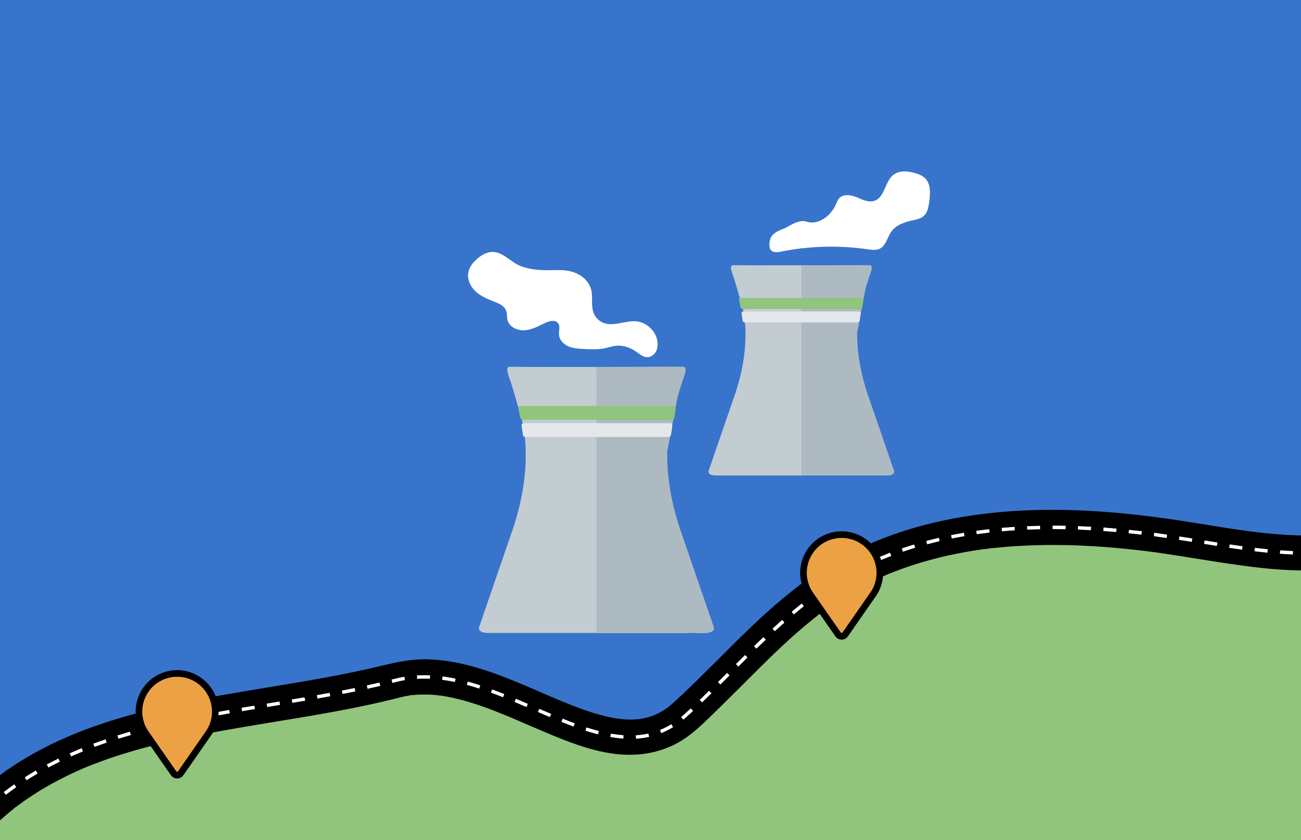 graphic showing two nuclear exhaust towers and a road with two orange pins